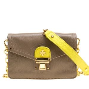 Tory Burch Grey/ Yellow Leather T Lock Chain Clutch